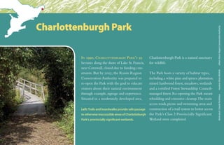 In 1990, Charlottenburgh Park’s 95
hectares along the shore of Lake St. Francis,
near Cornwall, closed due to funding con-
straints. But by 2003, the Raisin Region
Conservation Authority was prepared to
re-open the Park with the goal to educate
visitors about their natural environment
through example, signage and experience.
Situated in a moderately developed area,
Charlottenburgh Park is a natural sanctuary
for wildlife.
The Park hosts a variety of habitat types,
including a white pine and spruce plantation,
mixed hardwood forest, meadows, wetlands
and a certified Forest Stewardship Council-
managed forest. Re-opening the Park meant
rebuilding and extensive cleanup.The main
access roads, picnic and swimming areas and
construction of a trail system to better access
the Park’s Class 2 Provincially Significant
Wetland were completed.
Charlottenburgh Park
blackduck:ClaudePonthieuxmuskrat:BrianWolitskiothers:RaisinRegionConservationAuthority
Left: Trails and boardwalks provide safe passage
to otherwise inaccessible areas of Charlotteburgh
Park’s provincially significant wetlands.
 