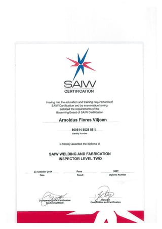 SAIW
CERTIFICATION
Having met the education and training requirements of
SAIW Certification and by examination having
satisfied the requirements of the
Governing Board of SAIW Certification
Identity Number
is hereby awarded the diploma of
SAIW WELDING AND FABRICATION
INSPECTOR LEVEL TWO
23 October 2014 Pass 5827
Date Result Diploma Number
C irpers W Certification
G ning Board Certification
A
 