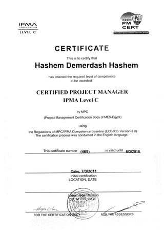 Hashem Demerdash IPMA certificate