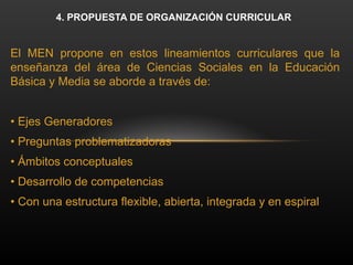 El MEN propone en estos lineamientos curriculares que la
enseñanza del área de Ciencias Sociales en la Educación
Básica y Media se aborde a través de:
• Ejes Generadores
• Preguntas problematizadoras
• Ámbitos conceptuales
• Desarrollo de competencias
• Con una estructura flexible, abierta, integrada y en espiral
4. PROPUESTA DE ORGANIZACIÓN CURRICULAR
 