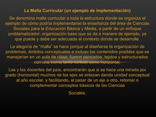 La Malla Curricular (un ejemplo de implementación)
Se denomina malla curricular a toda la estructura donde se organiza el
ejemplo de cómo podría implementarse la enseñanza del área de Ciencias
Sociales para la Educación Básica y Media, a partir de un enfoque
problematizador; organización base que se da a manera de ejemplo, ya
que puede y debe ser adecuada al contexto donde se desarrolle.
La alegoría de “malla” se hace porque al diseñarse la organización de
problemas, ámbitos conceptuales e incluso los contenidos posibles que se
manejarían en un aula de clase, fueron pensados, tejidos y estructurados
con una trama tanto vertical como horizontal.
Las y los docentes del país, encontrarán que si se hace una mirada por
grado (horizontal) muchos de los ejes se enlazan dando unidad conceptual
al año escolar, y facilitando, al pasar de un eje a otro, retomar o
complementar conceptos básicos de las Ciencias
Sociales.
 