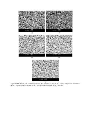 (a) (b)
(c) (d)
(e)
Figure 3. SEM Results with X1000 magnification, P = 17 Watts, F= 20 KHz, V = 2 mm/s and spot size diameter of :
(a) Dz = 284 µm, (b) Dz = 295 µm, (c) Dz = 389 µm, (d) Dz = 400 µm, (e) Dz = 410 µm.
 