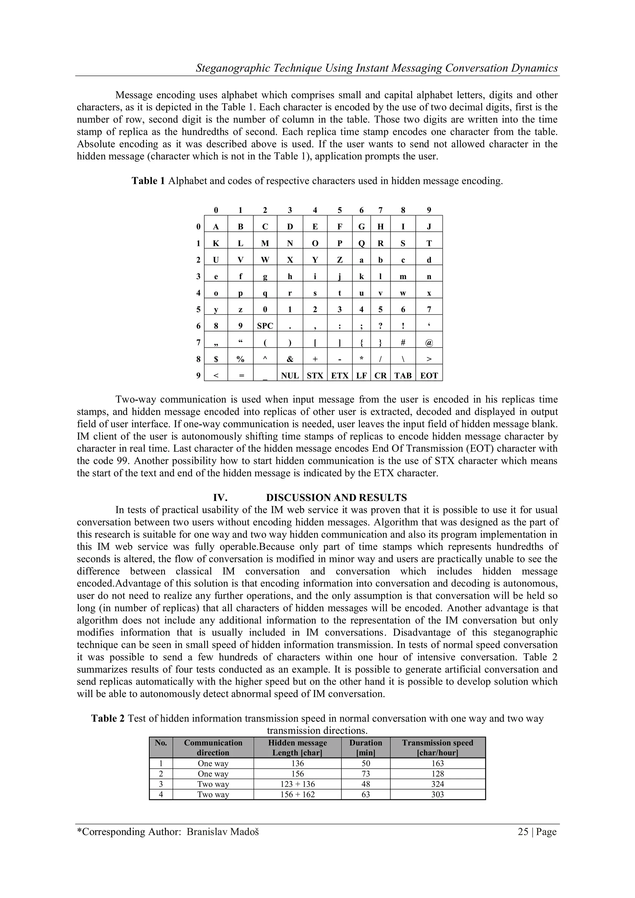 Steganographic Technique Using Instant Messaging Conversation Dynamics
*Corresponding Author: Branislav Madoš 25 | Page
Message encoding uses alphabet which comprises small and capital alphabet letters, digits and other
characters, as it is depicted in the Table 1. Each character is encoded by the use of two decimal digits, first is the
number of row, second digit is the number of column in the table. Those two digits are written into the time
stamp of replica as the hundredths of second. Each replica time stamp encodes one character from the table.
Absolute encoding as it was described above is used. If the user wants to send not allowed character in the
hidden message (character which is not in the Table 1), application prompts the user.
Table 1 Alphabet and codes of respective characters used in hidden message encoding.
0 1 2 3 4 5 6 7 8 9
0 A B C D E F G H I J
1 K L M N O P Q R S T
2 U V W X Y Z a b c d
3 e f g h i j k l m n
4 o p q r s t u v w x
5 y z 0 1 2 3 4 5 6 7
6 8 9 SPC . , : ; ? ! ‘
7 „ “ ( ) [ ] { } # @
8 $ % ^ & + - * /  >
9 < = _ NUL STX ETX LF CR TAB EOT
Two-way communication is used when input message from the user is encoded in his replicas time
stamps, and hidden message encoded into replicas of other user is extracted, decoded and displayed in output
field of user interface. If one-way communication is needed, user leaves the input field of hidden message blank.
IM client of the user is autonomously shifting time stamps of replicas to encode hidden message character by
character in real time. Last character of the hidden message encodes End Of Transmission (EOT) character with
the code 99. Another possibility how to start hidden communication is the use of STX character which means
the start of the text and end of the hidden message is indicated by the ETX character.
IV. DISCUSSION AND RESULTS
In tests of practical usability of the IM web service it was proven that it is possible to use it for usual
conversation between two users without encoding hidden messages. Algorithm that was designed as the part of
this research is suitable for one way and two way hidden communication and also its program implementation in
this IM web service was fully operable.Because only part of time stamps which represents hundredths of
seconds is altered, the flow of conversation is modified in minor way and users are practically unable to see the
difference between classical IM conversation and conversation which includes hidden message
encoded.Advantage of this solution is that encoding information into conversation and decoding is autonomous,
user do not need to realize any further operations, and the only assumption is that conversation will be held so
long (in number of replicas) that all characters of hidden messages will be encoded. Another advantage is that
algorithm does not include any additional information to the representation of the IM conversation but only
modifies information that is usually included in IM conversations. Disadvantage of this steganographic
technique can be seen in small speed of hidden information transmission. In tests of normal speed conversation
it was possible to send a few hundreds of characters within one hour of intensive conversation. Table 2
summarizes results of four tests conducted as an example. It is possible to generate artificial conversation and
send replicas automatically with the higher speed but on the other hand it is possible to develop solution which
will be able to autonomously detect abnormal speed of IM conversation.
Table 2 Test of hidden information transmission speed in normal conversation with one way and two way
transmission directions.
No. Communication
direction
Hidden message
Length [char]
Duration
[min]
Transmission speed
[char/hour]
1 One way 136 50 163
2 One way 156 73 128
3 Two way 123 + 136 48 324
4 Two way 156 + 162 63 303
 