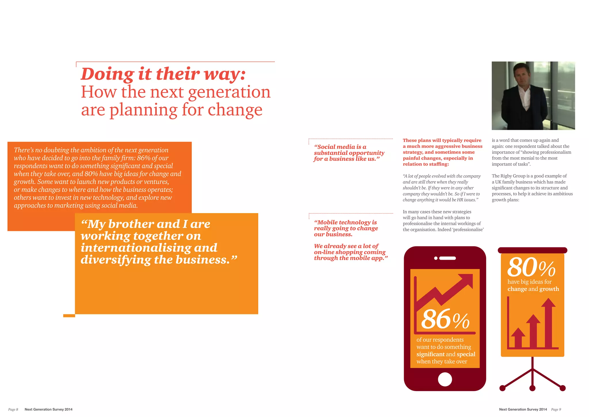 These plans will typically require
a much more aggressive business
strategy, and sometimes some
painful changes, especially in
relation to staffing:
“A lot of people evolved with the company
and are still there when they really
shouldn’t be. If they were in any other
company they wouldn’t be. So if I were to
change anything it would be HR issues.”
In many cases these new strategies
will go hand in hand with plans to
professionalise the internal workings of
the organisation. Indeed ‘professionalise’
is a word that comes up again and
again: one respondent talked about the
importance of “showing professionalism
from the most menial to the most
important of tasks”.
The Rigby Group is a good example of
a UK family business which has made
significant changes to its structure and
processes, to help it achieve its ambitious
growth plans:
Doing it their way:
How the next generation
are planning for change
“My brother and I are
working together on
internationalising and
diversifying the business.”
“Mobile technology is
really going to change
our business.
We already see a lot of
on-line shopping coming
through the mobile app.”
“Social media is a
substantial opportunity
for a business like us.”
There’s no doubting the ambition of the next generation
who have decided to go into the family firm: 86% of our
respondents want to do something significant and special
when they take over, and 80% have big ideas for change and
growth. Some want to launch new products or ventures,
or make changes to where and how the business operates;
others want to invest in new technology, and explore new
approaches to marketing using social media.
80%have big ideas for
change and growth
86%
of our respondents
want to do something
signiﬁcant and special
when they take over
Next Generation Survey 2014 Page 9Page 8	 Next Generation Survey 2014
 