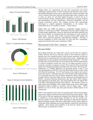 UOIG 12
University of Oregon Investment Group April 22, 2016
“Badger Meter, Inc. manufactures and sells flow measurement and control
technologies related products. It offers mechanical and electronic water meters,
and related technologies and services to municipal water utilities; and meters and
valves to measure and control materials flowing through a pipe or pipeline, such
as water, air, steam, oil, and other liquids and gases, as well as for use in
water/wastewater, heating, ventilating and air conditioning, oil and gas, chemical
and petrochemical, test and measurement, automotive aftermarket, and the
concrete construction process. The company provides flow measurement
technologies to original equipment manufacturers as the primary flow
measurement device in a product or system.”—Yahoo Finance
Badger Meter, Inc. (BMI) was added as a comparable company because it
operates in a similar space as SSNI. Additionally, they have similar margins and
a similar market capitalization. However, their growth rates differ somewhat, and
they focus primarily on manufacturing flow instruments for water instead of
energy usage. Also, they cater to other customers besides public utilities and
cities, such as chemical, automotive, and industrial companies. Therefore, it
received weightings of 20.4% and 20.0% for 2016 and 2017 comparables,
respectively, based on their metric similarities to SSNI.
Discounted Cash Flow Analysis—90%
Revenue Model
Silver Spring Networks, Inc. breaks their revenue out into their two segments,
Product Revenue and Service Revenue. Much of their historical revenue is
sporadic due to the contractual nature of their business operations, but they are
starting to focus on acquiring more recurring revenue sources. Additionally, they
changed their revenue recognition accounting principles during 2015. This does
not affect their non-GAAP results, but it can increase their GAAP results because
it is easier to recognize revenue now, since it is no longer necessary to have a
receipt of a customer’s acceptance of a deal. The revenue for 2016 was primarily
based off of management guidance provided at the end of their 2015 fiscal year.
Additionally, it is slightly affected by the upcoming launch of their 5th
gen
networking platform in mid-2016. The Con Edison deal that they recently closed
will utilize this technology. For 2017 and beyond, a few catalysts were used to
project their growth. Increasing awareness of the benefits of the implementation
of a smart grid across the US will bolster demand for SSNI’s products. For
example, the New York State Public Service Commission recently approved Con
Edison’s Advanced Metering Infrastructure plan that utilizes Silver Spring’s
multi-application networking, data, and control platform that will support New
York State’s Reforming the Energy Vision Initiative. This initiative’s goal is to
make energy more affordable, create a longer lasting energy system, make energy
information readily available to customers, and cut energy usage. SSNI’s
platforms can do all of this, and smart grid awareness should increase in the
coming years.
SSNI is also expected to focus more on developing their SaaS and networking-
and-a-service options, which will increase their recurring revenue streams. They
will be able to offer these applications alongside their traditional offerings. This
is modeled by revenue growth being smoothed out into the terminal year.
Revenue numbers are also based off the expectation of international expansion.
Many developing countries (like India, where SSNI recently closed a deal) are
facing many utility challenges such as grid reliability, energy theft, and efficiency
problems. Silver Spring could capitalize on the need for smarter and more
efficient grids, increasing their revenues.
49.4%
31.6%
63.9%
40.6%
36.4%
49.8%
31.7%
65.9%
42.8%
36.9%
0%
10%
20%
30%
40%
50%
60%
70%
SSNI ITRI OPWR ENOC BMI
2016E Gross Margin 2017E Gross Margin
Figure 30: Comps Gross Margins
Source: UOIG Spreads
Figure 31: Comparable Metric Weightings
Source: UOIG Spreads
Figure 32: Revenue Forecast Breakdown
Source: UOIG Spreads
20.0%
-
45.0%
35.0%
Operating Segments 2016 Revenue Growth 2016 Gross Margin
0%
20%
40%
60%
80%
100%
2016E 2018E 2020E 2022E 2024E
Product Revenue Service Revenue
 