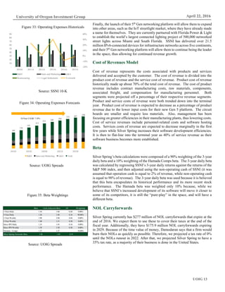 UOIG 13
University of Oregon Investment Group April 22, 2016
Finally, the launch of their 5th
Gen networking platform will allow them to expand
into other areas, such as the IoT streetlight market, where they have already made
a name for themselves. They are currently partnered with Florida Power & Light
to establish the world’s largest connected lighting project of 500,000 networked
street lights across Miami and South Florida. SSNI has delivered over 21.5
million IPv6-connected devices for infrastructure networks across five continents,
and their 5th
Gen networking platform will allow them to continue being the leader
in the space, thus allowing for continued revenue growth.
Cost of Revenues Model
Cost of revenue represents the costs associated with products and services
delivered and accepted by the customer. The cost of revenue is divided into the
product cost of revenue and the service cost of revenue. Product cost of revenue
historically made up about 70% of the total cost of revenue. The cost of product
revenue includes contract manufacturing costs, raw materials, components,
associated freight, and compensation for manufacturing personnel. Both
segments were projected off a percentage of their respective revenue segments.
Product and service costs of revenue were both trended down into the terminal
year. Product cost of revenue is expected to decrease as a percentage of product
revenue due to the lower input costs for their new Gen 5 platform. The circuit
boards are smaller and require less materials. Also, management has been
focusing on greater efficiencies in their manufacturing plants, thus lowering costs.
Cost of service revenues include personnel-related costs and software hosting
costs. Services costs of revenue are expected to decrease marginally in the first
few years while Silver Spring increases their software development efficiencies.
It is then to flat-line into the terminal year as 40% of service revenue as their
software business becomes more established.
Beta
Silver Spring’s beta calculations were composed of a 90% weighting of the 3-year
daily beta and a 10% weighting of the Hamada Comps beta. The 3-year daily beta
was calculated by regressing SSNI’s 3-year daily returns against the returns of the
S&P 500 index, and then adjusted using the non-operating cash of SSNI (it was
assumed that operation cash is equal to 2% of revenue, while non-operating cash
is equal to 98% of revenue). The 3-year daily beta was used because it is believed
that this beta encapsulates its historical performance and its more recent stock
performance. The Hamada beta was weighted only 10% because, while we
believe that SSNI’s increased development of its software will move it closer to
some of its competitors, it is still the “pure-play” in the space, and will have a
different beta.
NOL Carryforwards
Silver Spring currently has $277 million of NOL carryforwards that expire at the
end of 2016. We expect them to use these to cover their taxes at the end of the
fiscal year. Additionally, they have $175.9 million NOL carryforwards expiring
in 2029. Because of the time value of money, Damodaran says that a firm would
burn their NOLs as quickly as possible. Therefore, we projected a tax rate of 0%
until the NOLs runout in 2022. After that, we projected Silver Spring to have a
35% tax rate, as a majority of their business is done in the United States.
10-Year CAGR: 7.18%
149
170
195
213
233
248
260
275 287
298
2016E 2018E 2020E 2022E 2024E
R&D Sales and Marketing G&A Total
Figure 33: Operating Expenses Historicals
Source: SSNI 10-K
Figure 34: Operating Expenses Forecasts
Source: UOIG Spreads
Figure 35: Beta Weightings
Source: UOIG Spreads
-20%
-10%
0%
10%
20%
30%
40%
-
10
20
30
40
50
60
70
80
90
2010A 2011A 2012A 2013A 2014A 2015A
R&D Sales and Marketing G&A
Restructuring Legal Settlements % Growth
Beta Cash Adjusted Beta SE Weighting
1-Year Daily 1.56 1.68 0.20 0.00%
3-Year Daily 1.36 1.46 0.16 90.00%
1-Year Weekly 1.90 2.04 0.44 0.00%
3-Year Weekly 1.40 1.51 0.38 0.00%
Since IPO Daily 1.35 1.45 0.16 0.00%
Since IPO Weekly 1.39 1.50 0.38 0.00%
Hamada - Comps 1.37 1.37 10.00%
Silver Spring Networks Beta 1.36 1.45 0.15
 