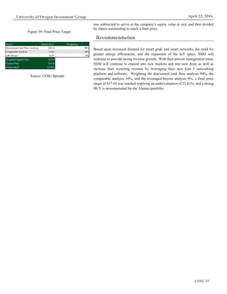 UOIG 15
University of Oregon Investment Group April 22, 2016
was subtracted to arrive at the company’s equity value at exit, and then divided
by shares outstanding to reach a final price.
Recommendation
Based upon increased demand for smart grids and smart networks, the need for
greater energy efficiencies, and the expansion of the IoT space, SSNI will
continue to provide strong revenue growth. With their proven management team,
SSNI will continue to expand into new markets and win new deals as well as
increase their recurring revenue by leveraging their new Gen 5 networking
platform and software. Weighting the discounted cash flow analysis 90%, the
comparable analysis 10%, and the leveraged buyout analysis 0%, a final price
target of $17.69 was reached implying an undervaluation of 23.81%, and a strong
BUY is recommended for the Alumni portfolio.
Figure 39: Final Price Target
Source Implied Price Weighting
Discounted Cash Flow Analysis $18.14 90%
Comparable Analysis 13.64 10%
LBO Model 16.89 0%
Weighted Implied Price $17.69
Current Price $14.29
Undervalued 23.81%
Source: UOIG Spreads
 