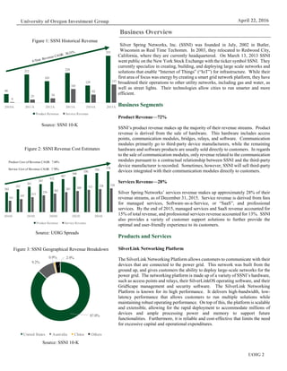 UOIG 2
University of Oregon Investment Group April 22, 2016
Business Overview
Silver Spring Networks, Inc. (SSNI) was founded in July, 2002 in Butler,
Wisconsin as Real Time Techomm. In 2003, they relocated to Redwood City,
California, where they are currently headquartered. On March 13, 2013 SSNI
went public on the New York Stock Exchange with the ticker symbol SSNI. They
currently specialize in creating, building, and deploying large scale networks and
solutions that enable “Internet of Things” (“IoT”) for infrastructure. While their
first area of focus was energy by creating a smart grid network platform, they have
broadened their operations to other utility networks, including gas and water, as
well as street lights. Their technologies allow cities to run smarter and more
efficient.
Business Segments
Product Revenue—72%
SSNI’s product revenue makes up the majority of their revenue streams. Product
revenue is derived from the sale of hardware. This hardware includes access
points, communication modules, bridges, relays, and software. Communication
modules primarily go to third-party device manufacturers, while the remaining
hardware and software products are usually sold directly to customers. In regards
to the sale of communication modules, only revenue related to the communication
modules pursuant to a contractual relationship between SSNI and the third-party
device manufacturer is recorded. Sometimes, however, SSNI will sell third-party
devices integrated with their communication modules directly to customers.
Services Revenue—28%
Silver Spring Networks’ services revenue makes up approximately 28% of their
revenue streams, as of December 31, 2015. Service revenue is derived from fees
for managed services, Software-as-a-Service, or “SaaS”, and professional
services. By the end of 2015, managed services and SaaS revenue accounted for
15% of total revenue, and professional services revenue accounted for 13%. SSNI
also provides a variety of customer support solutions to further provide the
optimal and user-friendly experience to its customers.
Products and Services
SilverLink Networking Platform
The SilverLink Networking Platform allows customers to communicate with their
devices that are connected to the power grid. This network was built from the
ground up, and gives customers the ability to deploy large-scale networks for the
power grid. The networking platform is made up of a variety of SSNI’s hardware,
such as access points and relays, their SilverLinkOS operating software, and their
GridScape management and security software. The SilverLink Networking
Platform is known for its high performance. It delivers high-bandwidth, low-
latency performance that allows customers to run multiple solutions while
maintaining robust operating performance. On top of this, the platform is scalable
and extensible, allowing for the rapid deployment to accommodate millions of
devices and ample processing power and memory to support future
functionalities. Furthermore, it is reliable and cost-effective that limits the need
for excessive capital and operational expenditures.
Figure 1: SSNI Historical Revenue
66
212
163
224
129
353
4
25 34
103
62
137
2010A 2011A 2012A 2013A 2014A 2015A
Product Revenue Service Revenue
Source: SSNI 10-K
Product Revenue Service Revenue
282
322
361
397
432
467
500
530
556
578
161
187
213
239
262 283 300 315 328 338
2016E 2018E 2020E 2022E 2024E
Product Revenue Service Revenue
Product Cost of Revenue CAGR: 7.44%
Service Cost of Revenue CAGR: 7.70%
Figure 2: SSNI Revenue Cost Estimates
Source: UOIG Spreads
87.0%
9.2%
0.9% 2.9%
United States Australia China Others
Figure 3: SSNI Geographical Revenue Breakdown
Source: SSNI 10-K
 