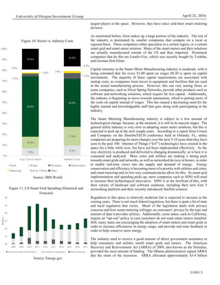 UOIG 5
University of Oregon Investment Group April 22, 2016
largest player in the space. However, they have since sold their smart metering
division.
As mentioned before, Itron makes up a large portion of the industry. The rest of
the industry is dominated by smaller companies that compete on a local or
regional basis. These companies either specialize in a certain region, or a certain
smart grid and smart meter solution. Many of the smart meters and their solutions
are actually manufactured outside of the US and then imported. Prominent
companies that do this are Landis+Gyr, which was recently bought by Toshiba,
and German firm Elster.
Capital intensity in the Smart Meter Manufacturing industry is moderate, with it
being estimated that for every $1.00 spent on wages $0.30 is spent on capital
investments. The majority of these capital requirements are associated with
startup costs, as companies must invest in equipment and facilities that are used
in the actual manufacturing process. However, this can vary among firms, as
some companies, such as Silver Spring Networks, provide other products such as
software and networking solutions, which require far less capital. Additionally,
the industry is beginning to move towards automation, which is putting more of
the costs on capital instead of wages. This has caused a decreasing need for the
highly trained and knowledgeable staff that goes along with participating in the
industry.
The Smart Metering Manufacturing industry is subject to a low amount of
technological change, because, at the moment, it is still in its nascent stages. The
general utility industry is very slow in adopting smart meter solutions, but this is
expected to pick up in the next couple years. According to a report from Cowen
and Company on the DistribuTECH conference held in Orlando, FL, utility
companies are preparing for more changes over the next 5-10 years than they have
seen in the past 100. Internet of Things (“IoT”) technologies have existed in the
space for a little while now, but have not been implemented effectively. As the
way electricity is produced and delivered is changing dramatically, so is how it is
measured and analyzed. More cities and utilities are making a strong push
towards smart grids and networks, as well as networked devices in homes, in order
to enable real-time views into the supply and demand of energy. Energy
conservation and efficiency is becoming more of a priority with utilities and cities,
and smart metering and its two-way communications allow for this. As smart grid
implementation and spending picks up, more companies such as SSNI will need
to increase their technological innovation. SSNI is at the forefront of this, with
their variety of hardware and software solutions, including their new Gen 5
networking platform and their recently introduced Starfish solution.
Regulation in this space is relatively moderate but is expected to increase in the
coming years. There is not much federal regulation, but there is quite a bit of state
and local regulation that varies. Much of the legislation deals with privacy
concerns and how smart metering infringes on customers’ privacy by the type and
amount of data it provides utilities. Additionally, some states, such as California,
require an “opt-out” policy in case customers do not want smart meters installed.
Still, many states are encouraging the adoption of smart meters and smart grids in
order to increase efficiencies in energy usage, and provide real-time feedback in
order to help conserve more energy.
The industry used to receive a good amount of direct government assistance to
help consumers and utilities install smart grids and meters. The American
Recovery and Reinvestment Act (ARRA) of 2009, also known as the Stimulus,
provided the most amount of funding. The Obama administration signed ARRA
due the onset of the recession. ARRA allocated approximately $3.4 billion
7.0% 9.5%
10.8%
17.6%
56.6%
45.0%
2.5%
5.3%
1.0% 1.9%
2.8%
4.3%
19.4%
16.4%
0%
10%
20%
30%
40%
50%
60%
70%
80%
90%
100%
Avg. Cost in Sector Industry Costs
Profit Wages Purchases Depreciation
Marketing Rent & Utilities Other
Figure 10: Sector vs. Industry Costs
Source: IBIS World
$0
$1
$2
$3
$4
$5
$6
2008 2009 2010 2011 2012 2013 2014 2015 2016 2017
Billions
Advanced Smart Grid Projects Distribution Automation Smart Metering
Source: Energy.gov
Figure 11: US Smart Grid Spending (Historical and
Forecast)
 