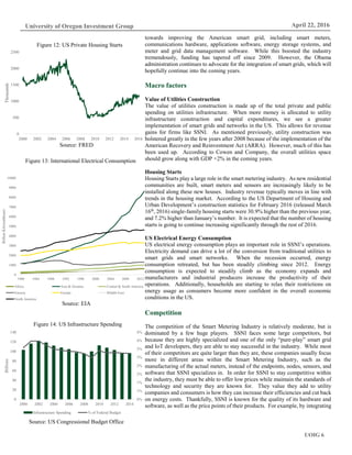 UOIG 6
University of Oregon Investment Group April 22, 2016
towards improving the American smart grid, including smart meters,
communications hardware, applications software, energy storage systems, and
meter and grid data management software. While this boosted the industry
tremendously, funding has tapered off since 2009. However, the Obama
administration continues to advocate for the integration of smart grids, which will
hopefully continue into the coming years.
Macro factors
Value of Utilities Construction
The value of utilities construction is made up of the total private and public
spending on utilities infrastructure. When more money is allocated to utility
infrastructure construction and capital expenditures, we see a greater
implementation of smart grids and networks in the US. This allows for revenue
gains for firms like SSNI. As mentioned previously, utility construction was
bolstered greatly in the few years after 2008 because of the implementation of the
American Recovery and Reinvestment Act (ARRA). However, much of this has
been used up. According to Cowen and Company, the overall utilities space
should grow along with GDP +2% in the coming years.
Housing Starts
Housing Starts play a large role in the smart metering industry. As new residential
communities are built, smart meters and sensors are increasingly likely to be
installed along these new houses. Industry revenue typically moves in line with
trends in the housing market. According to the US Department of Housing and
Urban Development’s construction statistics for February 2016 (released March
16th
, 2016) single-family housing starts were 30.9% higher than the previous year,
and 7.2% higher than January’s number. It is expected that the number of housing
starts is going to continue increasing significantly through the rest of 2016.
US Electrical Energy Consumption
US electrical energy consumption plays an important role in SSNI’s operations.
Electricity demand can drive a lot of the conversion from traditional utilities to
smart grids and smart networks. When the recession occurred, energy
consumption retreated, but has been steadily climbing since 2012. Energy
consumption is expected to steadily climb as the economy expands and
manufacturers and industrial producers increase the productivity of their
operations. Additionally, households are starting to relax their restrictions on
energy usage as consumers become more confident in the overall economic
conditions in the US.
Competition
The competition of the Smart Metering Industry is relatively moderate, but is
dominated by a few huge players. SSNI faces some large competitors, but
because they are highly specialized and one of the only “pure-play” smart grid
and IoT developers, they are able to stay successful in the industry. While most
of their competitors are quite larger than they are, these companies usually focus
more in different areas within the Smart Metering Industry, such as the
manufacturing of the actual meters, instead of the endpoints, nodes, sensors, and
software that SSNI specializes in. In order for SSNI to stay competitive within
the industry, they must be able to offer low prices while maintain the standards of
technology and security they are known for. They value they add to utility
companies and consumers is how they can increase their efficiencies and cut back
on energy costs. Thankfully, SSNI is known for the quality of its hardware and
software, as well as the price points of their products. For example, by integrating
0%
1%
1%
2%
2%
3%
3%
4%
4%
0
20
40
60
80
100
120
140
2000 2002 2004 2006 2008 2010 2012 2014
Billions
Infrastructure Spending % of Federal Budget
0
500
1000
1500
2000
2500
2000 2002 2004 2006 2008 2010 2012 2014 2016
Thousands
Source: FRED
Figure 12: US Private Housing Starts
0
1000
2000
3000
4000
5000
6000
7000
8000
9000
10000
1980 1984 1988 1992 1996 2000 2004 2008 2012
BillionKilowatthours
Africa Asia & Oceania Central & South America
Eurasia Europe Middle East
North America
Source: EIA
Source: US Congressional Budget Office
Figure 14: US Infrastructure Spending
Figure 13: International Electrical Consumption
 