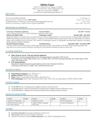 Shikha Gupta
742 W. 27th
Street #34, Los Angeles, CA 90007
Phone: (213)-292-1993 Email: shikhagu@usc.edu
http://www-scf.usc.edu/~shikhagu
www.linkedin.com/pub/shikha-gupta/4a/aab/777/
EDUCATION
University of Southern California Los Angeles, CA
Master of Science, Computer Science GPA: 4.0/4.0 August 2014 – Present
Ambedkar Institute of Technology, Guru Gobind Singh Indraprastha University Delhi, India
Bachelor of Technology, Computer Science Engineering 83.76% August 2006 - May 2010
PROFESSIONAL EXPERIENCE
University of Southern California Course Producer Jan 2015 – Present
Course Producer for CSCI 571: Web Technologies under Prof. Marco Papa.
Infosys Labs R&D, India Technology Analyst October 2010 – July 2014
Developed solutions on research ideas, provided technical assistance and contributed to research activities on Digital Rights Management
(DRM), Data Masking and Tokenization solutions. I worked on several DRM models, amongst which I took sole responsibility for analysis,
design and development of the web model. I also worked on technological aspects of cryptography including digital signatures, encryption,
X509 certificates and PKCS standards.
Hewlett-Packard, Gurgaon Technical Intern September 2009 – November 2009
I worked on REST APIs and developed a mobile application based on J2ME using Symbian’s S60 SDK for their upcoming printers. The
basic idea was to send an email to the printer consisting of an API call that commands the printer to print a file.
ACADEMIC PROJECTS
v Zillow Property Search - Web and Android Application
Developed a web and an android application for searching properties using Zillow Web Services.
Technologies used: Android SDK, Eclipse, Java 1.6, HTML, XML, CSS, PHP, JavaScript, Bootstrap, Ajax, JSON, jQuery, AWS,
Zillow and Facebook API
v USC Spatial Database
Designed, developed and queried a spatial database of University of Southern California.
Technologies used: Oracle 12c, JDBC, JAVA and SDO Geometry API
TECHNICAL SKILLS
v Programming Languages: Java, .NET(C#), C++
v Database Systems: MS SQL Server, T-SQL
v Tools: Eclipse, Visual Studio, Rational Rose, MS SQL Server
v Web Technologies: REST, XML, JavaScript, HTML, XML, AJAX, CSS, Javascript, jQuery, ASP.Net, ADO.Net, PHP
PATENTS (Applied)
v US	
  20140047557	
  A1:	
  “Providing	
  access	
  of	
  digital	
  contents	
  to	
  online	
  drm	
  users”
v US	
  20140047558	
  A1:	
  “System	
  and	
  method	
  for	
  providing	
  access	
  of	
  digital	
  contents	
  to	
  offline	
  drm	
  users”	
  
v US	
  20140019586	
  A1:	
  “Methods	
  for	
  format	
  preserving	
  and	
  data	
  masking	
  and	
  devices	
  thereof”	
  
GRADUATE COURSE WORK
Course Grade Course Grade Course Grade
Analysis of Algorithms A Database Systems A Web Technologies A
Directed Research under
Prof. Barry Boehm
Applied Natural Language
Processing
Artificial Intelligence
AWARDS
v Award for innovation for research contributions at Infosys Ltd
v Spot Award at Infosys Ltd for valuable contributions
v Academic Excellence for attaining highest aggregate in C.S. 2006-10 undergraduate batch
 