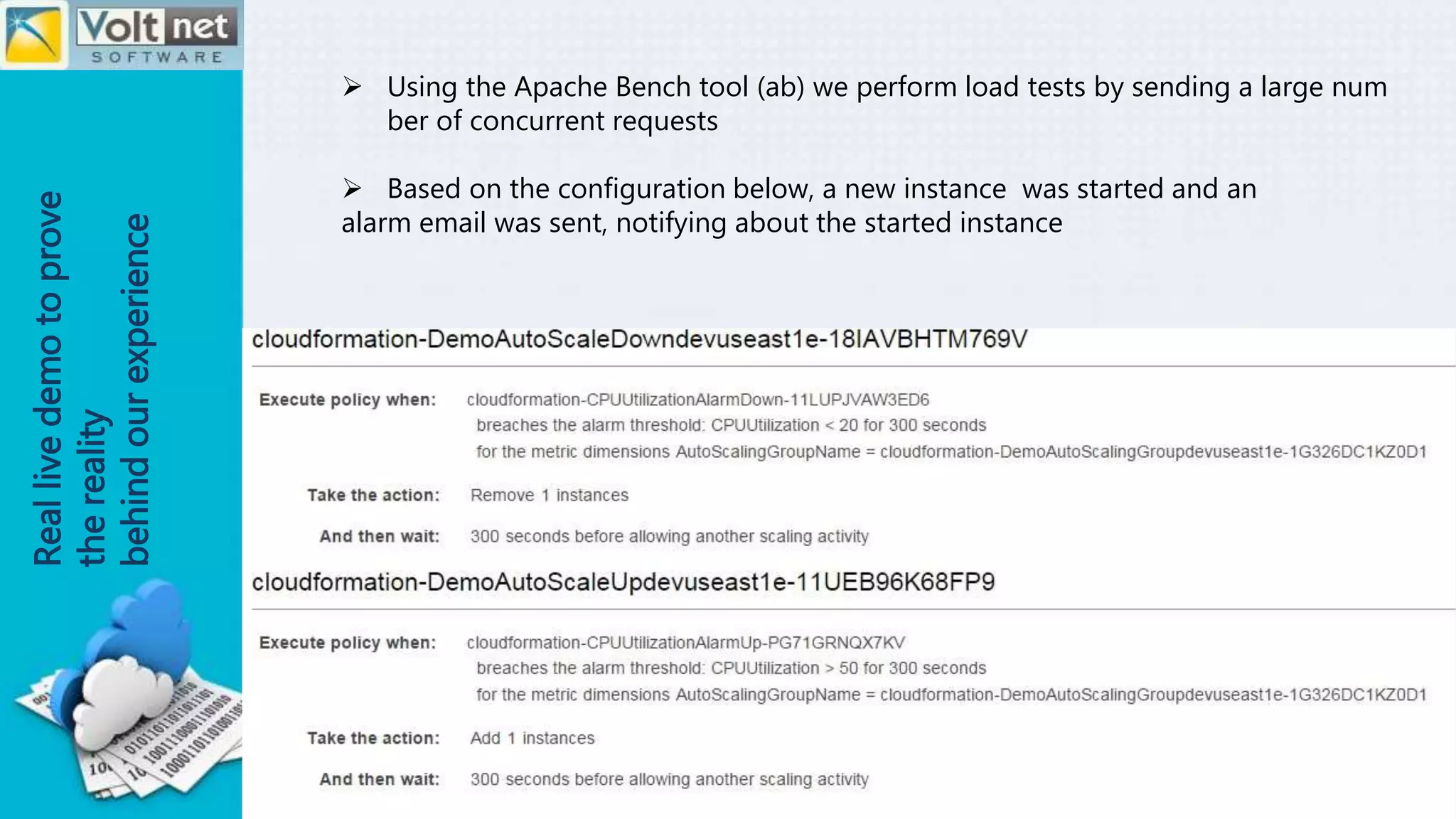 Reallivedemotoprove
thereality
behindourexperience
 Using the Apache Bench tool (ab) we perform load tests by sending a large num
ber of concurrent requests
 Based on the configuration below, a new instance was started and an
alarm email was sent, notifying about the started instance
 