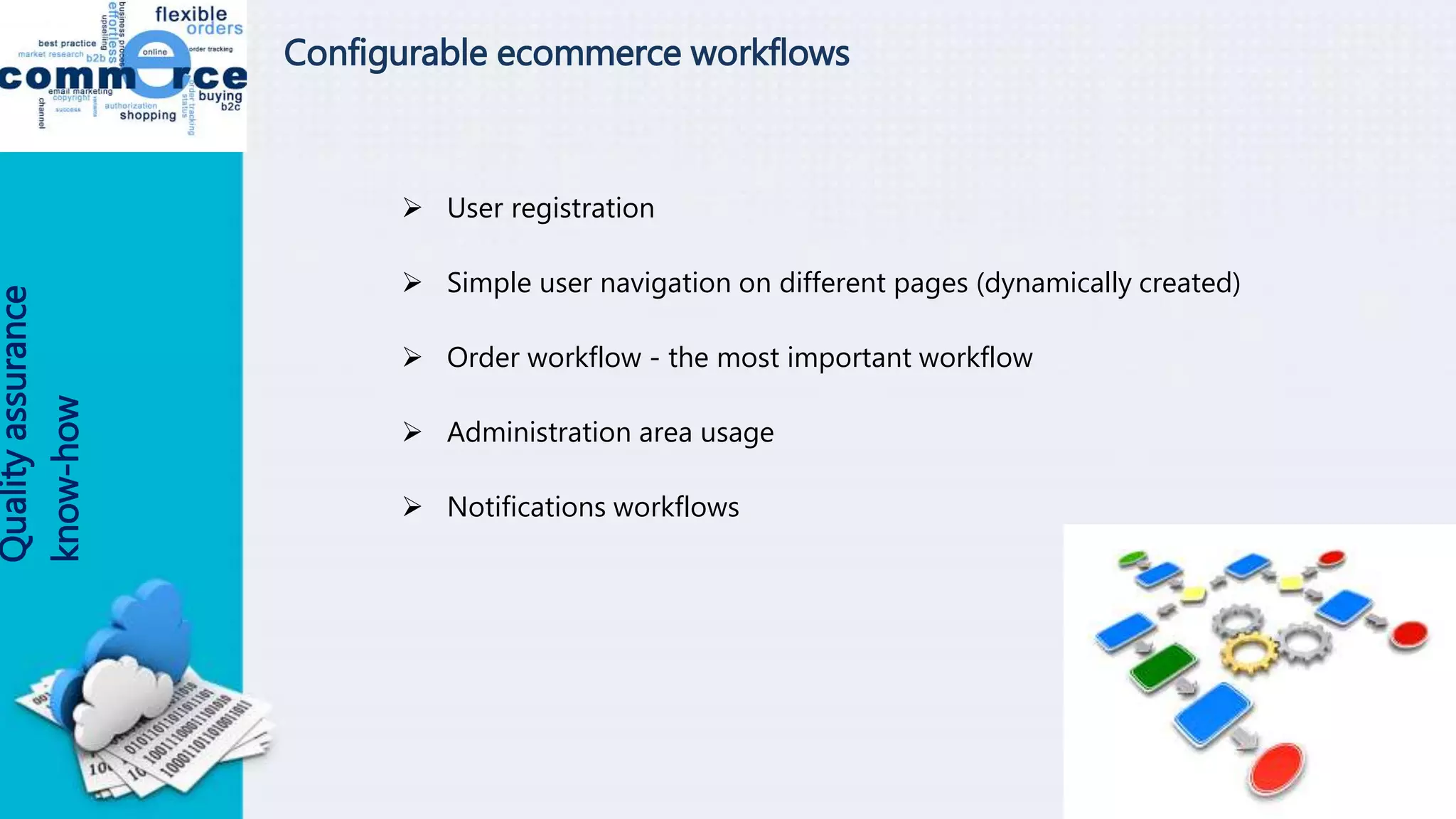 Qualityassurance
know-how Configurable ecommerce workflows
 User registration
 Simple user navigation on different pages (dynamically created)
 Order workflow - the most important workflow
 Administration area usage
 Notifications workflows
 