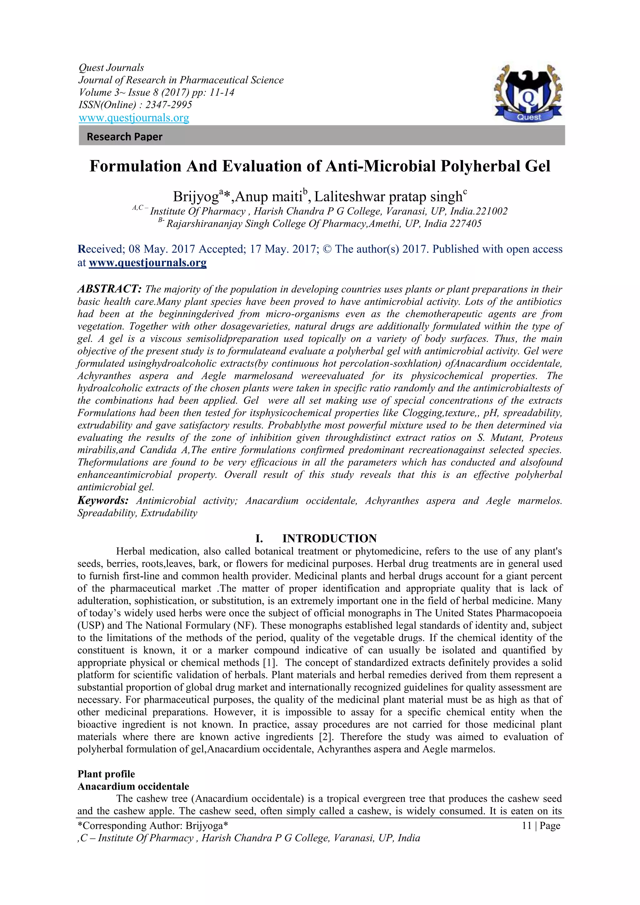Formulation And Evaluation of Anti-Microbial Polyherbal Gel | PDF