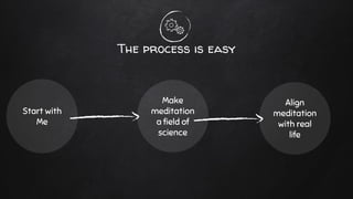 The process is easy
Start with
Me
Make
meditation
a field of
science
Align
meditation
with real
life
 