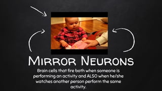 Mirror Neurons
Brain cells that fire both when someone is
performing an activity and ALSO when he/she
watches another person perform the same
activity.
 
