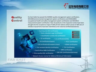 Quality
Control
Far East Cable has passed the ISO9001 quality management system certification,
ISO14001environmental management system certification and OHSAS18001
occupational health and safety management system certification and ISO10012
measurement system certification. Now 16 products in the inspection center have been
brought into the acceptance range of CNAS,20 test stations which consist of 369 sets of
checkout equipments have been identified as the national certified baloratories.
FAR
EAST
CABLE
• South Africa SABS Certification
• China quality CQC certification
• PCCC Certification
• KEMA Certification
• TUV Certification
• Coal Security MA Certification
• Flame-retardant Logo Certification
• Classification society CCS certification
• Network Access License for Defense Ministry of Information
• UL certification(USA)
• JIS Certification(Japan)
• EN Certification(European Union)
• Fire-resistantIdentity Certification
• CE certification
• NATA Certification
• DIN VDE Certification(Germany)
 