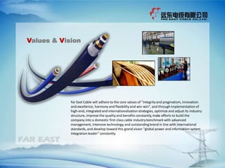 Far East Cable will adhere to the core values of "integrityand pragmatism, innovation
and excellence, harmony and flexibility and win-win", and through implementation of
high-end, integrated and internationalization strategies, optimize and adjust its industry
structure, improve the quality and benefits constantly, make efforts to build the
company into a domestic first-class cable industrybenchmark with advanced
management, intensive technology, and outstandingbrand in line with international
standards, and develop toward this grand vision "global power and information system
integration leader" constantly.
Values & Vision
 