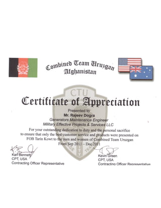 Certificate of Appreciation given by US CPT