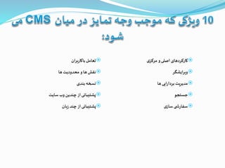 ‫ی‬‫مرکز‬ ‫و‬ ‫اصلی‬ ‫کارکردهای‬
‫ویرایشگر‬
‫ها‬‫ایی‬‫ر‬‫بردا‬ ‫مدیریت‬
‫جستجو‬
‫ی‬‫ساز‬ ‫ی‬ ‫ش‬‫ر‬‫سفا‬
‫بران‬‫ر‬‫باکا‬‫تعامل‬
‫ها‬ ‫محدودیت‬ ‫و‬ ‫ها‬ ‫نقش‬
‫بندی‬ ‫نسخه‬
‫سایت‬ ‫وب‬ ‫چندین‬‫از‬‫پشتیبانی‬
‫بان‬‫ز‬ ‫چند‬ ‫از‬‫پشتیبانی‬
 
