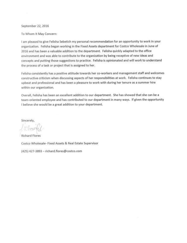 Letter from Costco Supervisor