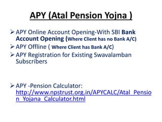 APY (Atal Pension Yojna )
APY Online Account Opening-With SBI Bank
Account Opening (Where Client has no Bank A/C)
APY Offline ( Where Client has Bank A/C)
APY Registration for Existing Swavalamban
Subscribers
APY -Pension Calculator:
http://www.npstrust.org.in/APYCALC/Atal_Pensio
n_Yojana_Calculator.html
 