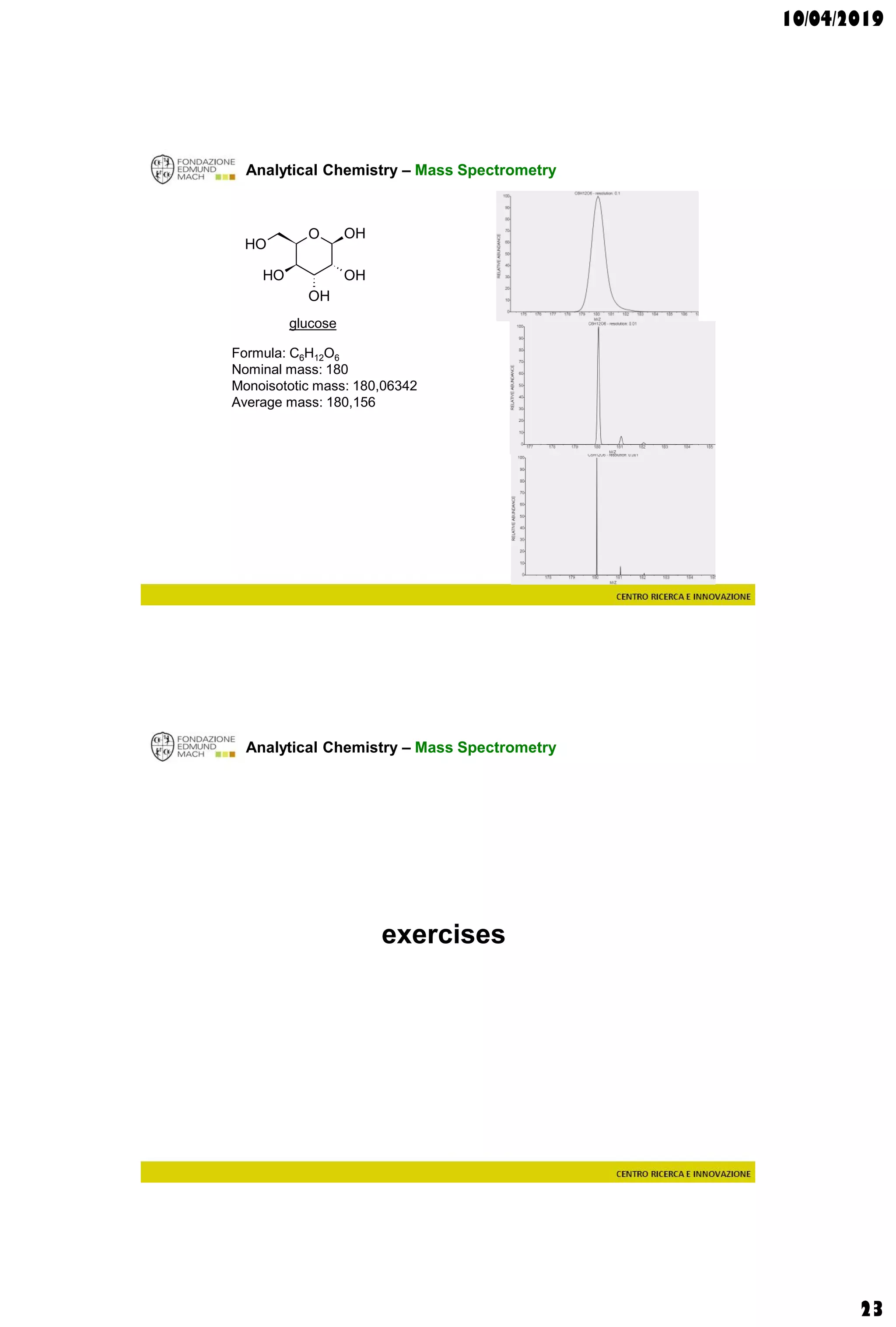 10/04/2019
23
Analytical Chemistry – Mass Spectrometry
O OH
OH
OH
OH
OH
glucose
Formula: C6H12O6
Nominal mass: 180
Monoisototic mass: 180,06342
Average mass: 180,156
Analytical Chemistry – Mass Spectrometry
exercises
 