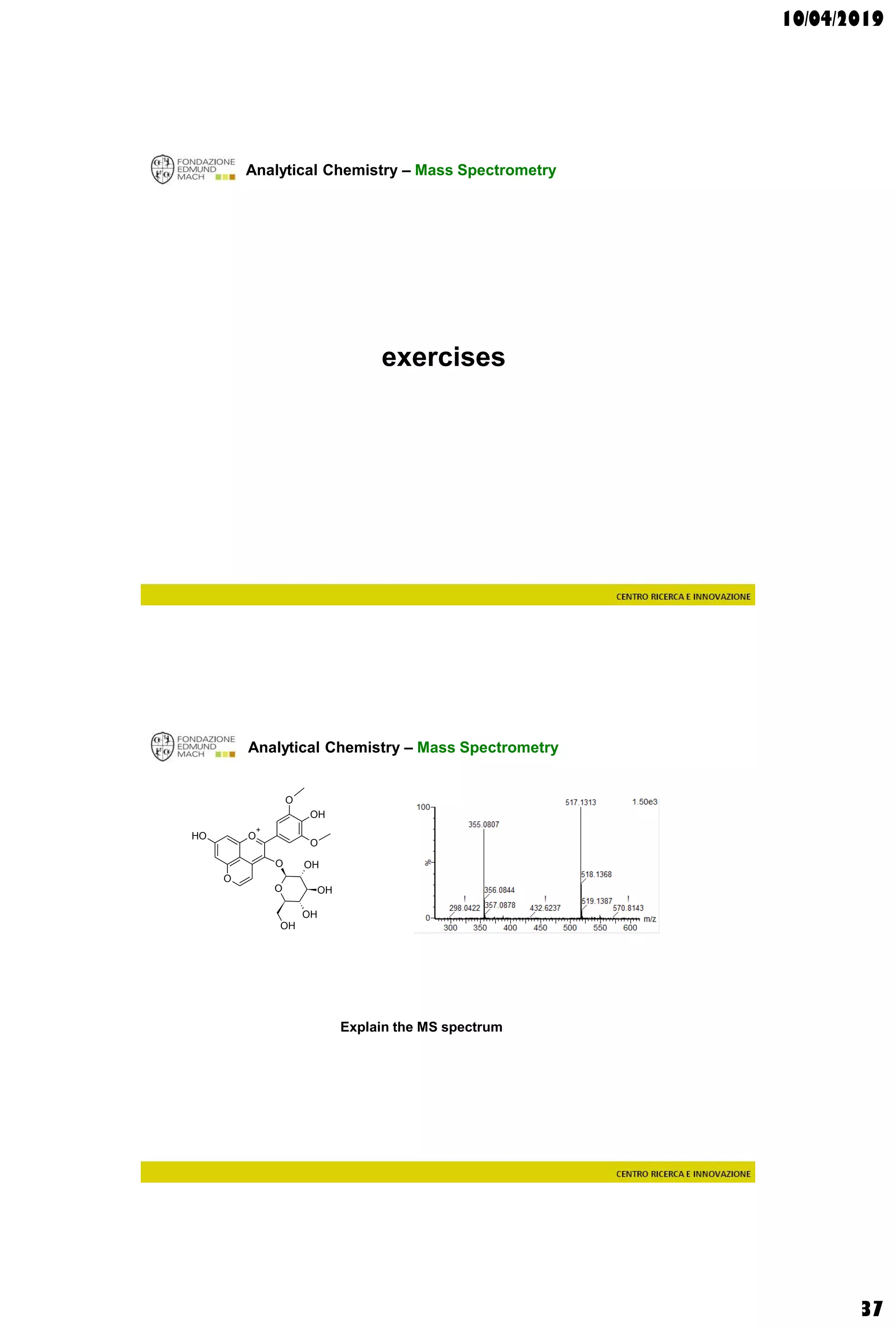 10/04/2019
37
Analytical Chemistry – Mass Spectrometry
exercises
Analytical Chemistry – Mass Spectrometry
O
+
O
OH
OH
O
O OH
OH
OH
OH
O
O
Explain the MS spectrum
 