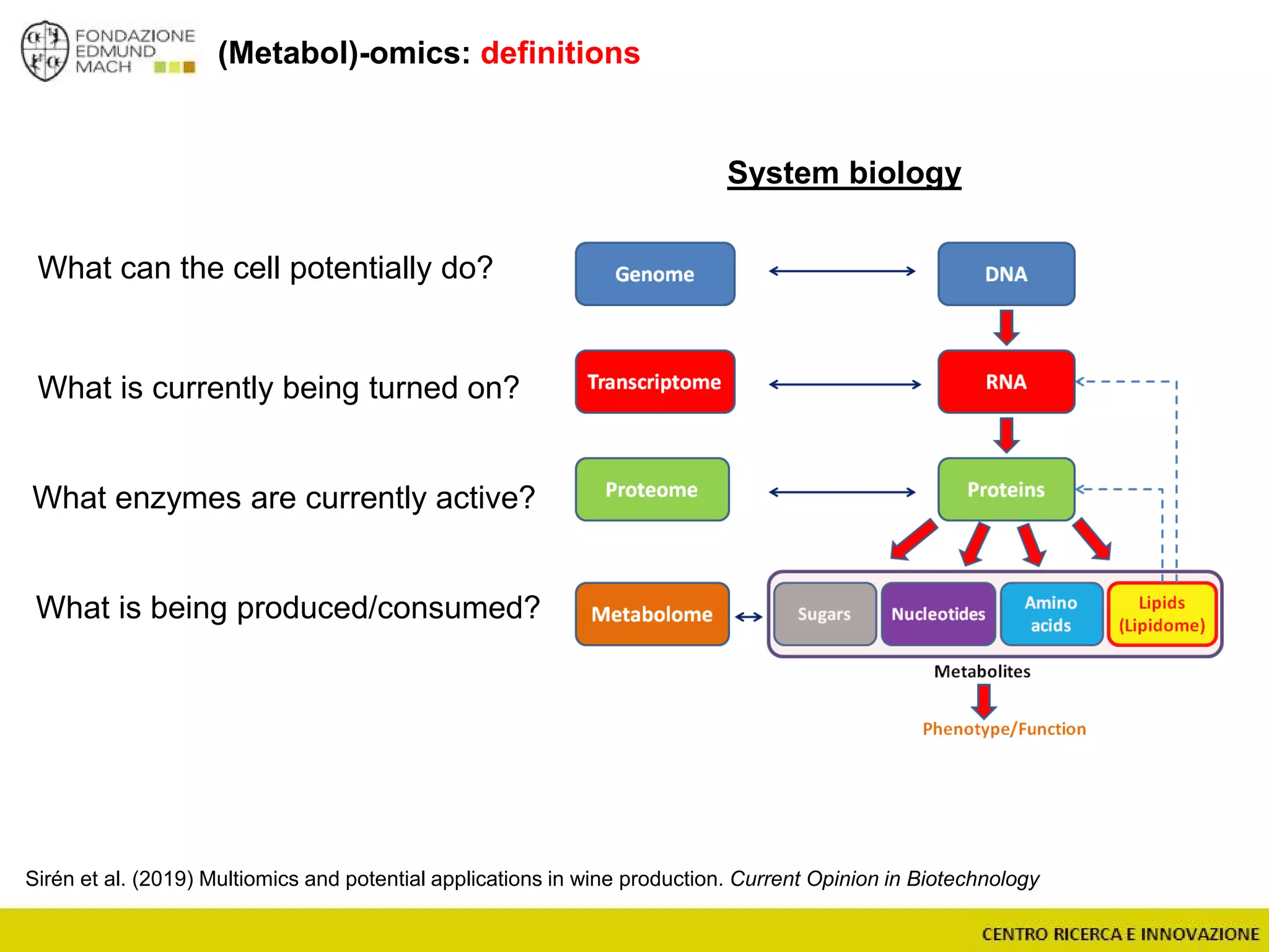 (Metabol)-omics: definitions
What can the cell potentially do?
What is currently being turned on?
What enzymes are currently active?
What is being produced/consumed?
System biology
Sirén et al. (2019) Multiomics and potential applications in wine production. Current Opinion in Biotechnology
 