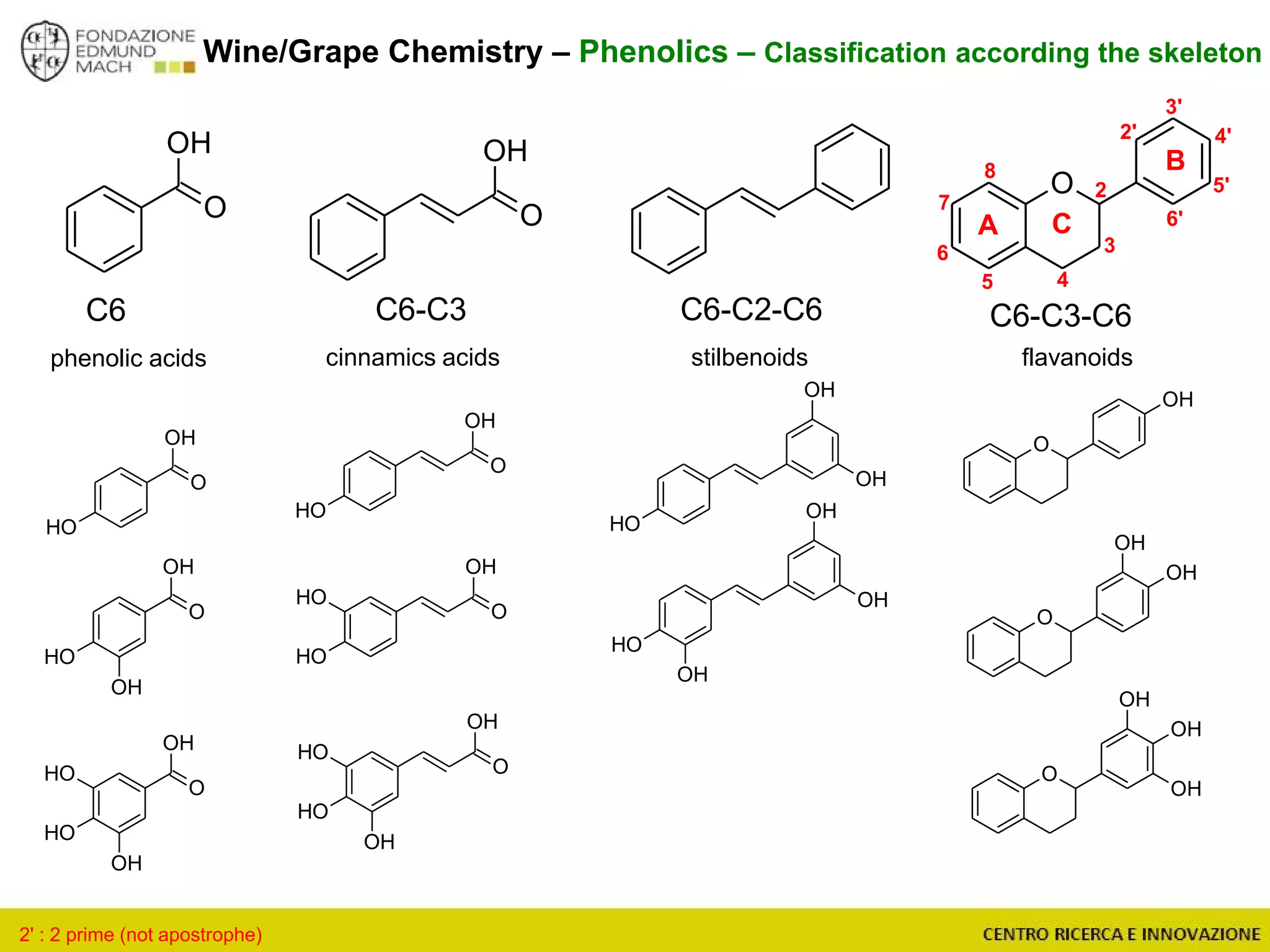 Wine/Grape Chemistry – Phenolics – Classification according the skeleton
C6 C6-C3 C6-C3-C6
O
OH
O
OH
C6-C2-C6
phenolic acids cinnamics acids stilbenoids flavanoids
O
OH
OH
O
OH
OH
OH
O
OH
OH
OH
OH
OH
OH
OH
O
OH
OH
OH
O
OH
OH
O
OH
OH
OH
OH
OH
OH
OH
OH
O
OH
OH
OH
O
OH
OH
O
OH
O
A C
B
7
2
3
45
6
2'
8
3'
4'
5'
6'
2' : 2 prime (not apostrophe)
 