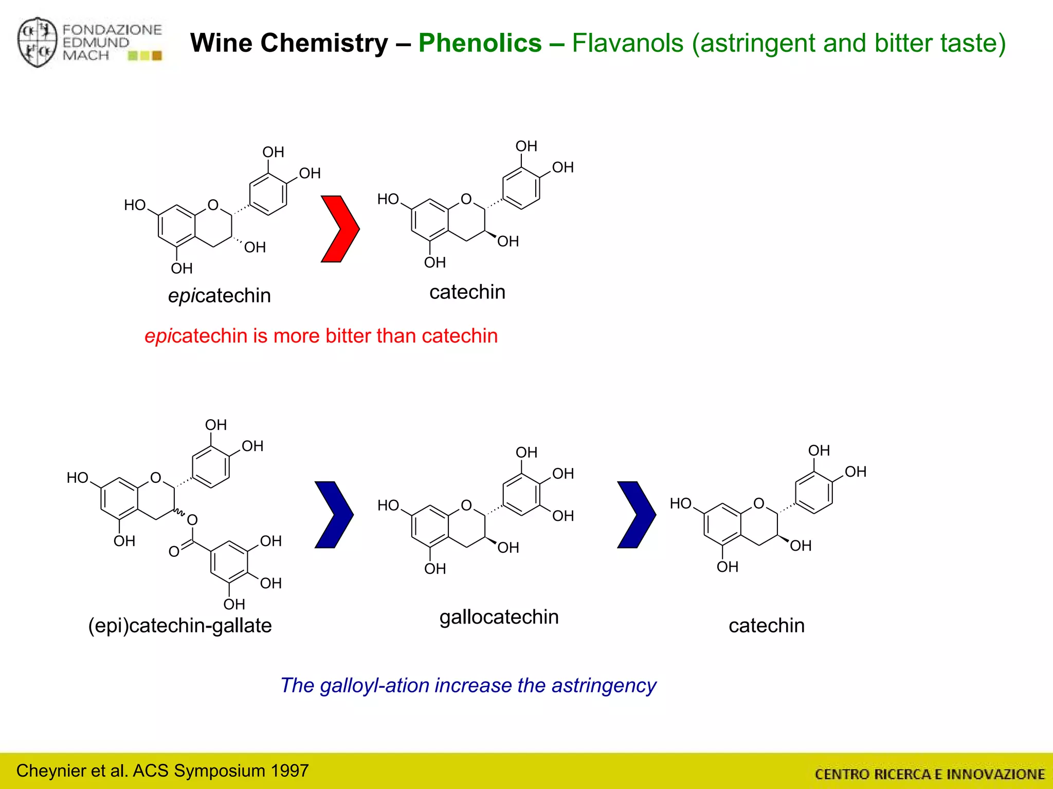 Wine Chemistry – Phenolics – Flavanols (astringent and bitter taste)
OOH
OH
OH
OH
OH
OOH
OH
OH
OH
OH
OOH
OH
OH
OH
OH
OH
epicatechin catechin
gallocatechin
OOH
OH
O
OH
O
OH
OH
OH
OH
(epi)catechin-gallate
epicatechin is more bitter than catechin
OOH
OH
OH
OH
OH
catechin
The galloyl-ation increase the astringency
Cheynier et al. ACS Symposium 1997
 