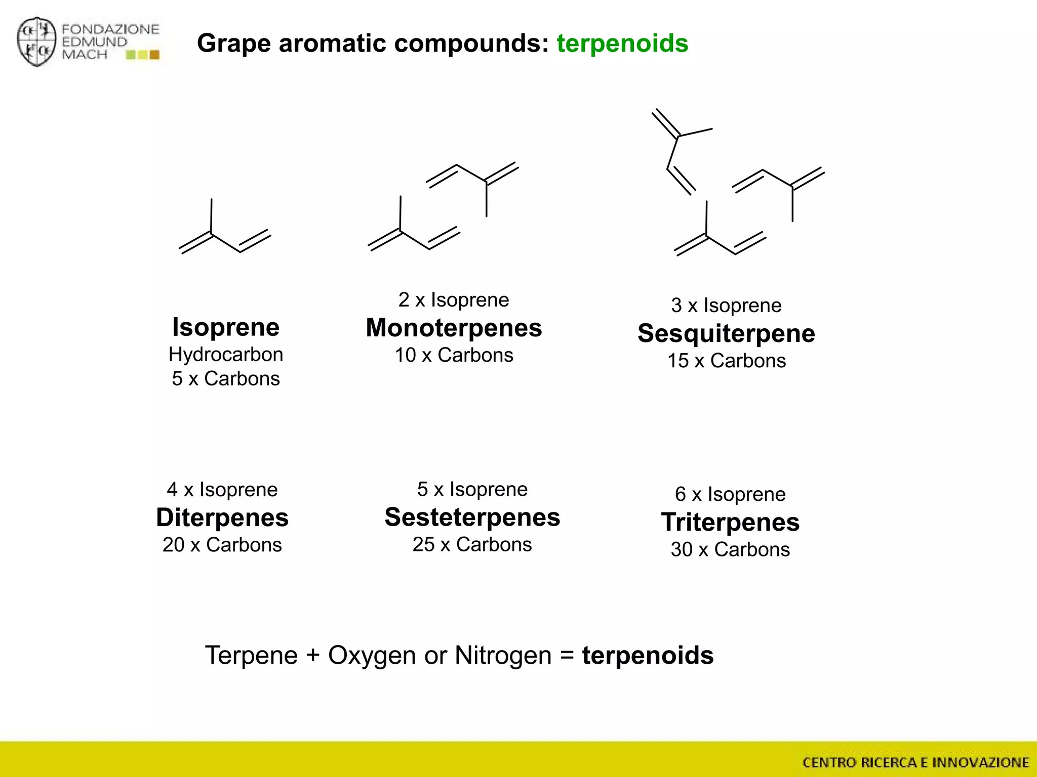 Grape aromatic compounds: terpenoids
Isoprene
Hydrocarbon
5 x Carbons
2 x Isoprene
Monoterpenes
10 x Carbons
3 x Isoprene
Sesquiterpene
15 x Carbons
4 x Isoprene
Diterpenes
20 x Carbons
5 x Isoprene
Sesteterpenes
25 x Carbons
6 x Isoprene
Triterpenes
30 x Carbons
Terpene + Oxygen or Nitrogen = terpenoids
 