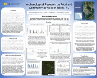 Archaeological Research on Food and
Community at Weedon Island, FL
Olajumoke Jegede, Jessica Foster, Kevin Weimer, Christina Perry Sampson
Abstract
The Weedon Island site in St. Petersburg, Florida is one of the
few places with an abundance of archeological information about
early Safety Harbor period communities. There is generally a lack
of knowledge about community practices, including the
organization of subsistence activities, during this time period.
This study of excavated material from the Weedon Island site will
provide more information about these practices. Specifically, the
project's goal is to determine how the already established systems
may have been altered by the introduction of other practices from
other communities. In addition, this study is questioning how
these new practices may have changed the surrounding social and
political outlook. An abundance of shell and bone was recovered
after conducting a magnetic survey and excavations at multiple
areas at the Weedon site. Artifacts, bones, and mollusk shells
were excavated, processed and brought to the study’s lab. There,
the shells and bones were sorted by species (e.g. lightning whelk,
crown conch, etc.), counted, weighed, and bagged for curation.
Because this study is an ongoing, the results are preliminary. The
results presented here demonstrate variation in the food remains
deposited around the site and show how multiple factors
contributed to the formation of the site's shell middens.
Introduction
This research aims to assess the subsistence practices of the people
inhabiting the Weedon Island site in Petersburg, Florida on Tampa
Bay during the Safety Harbor period. This time period dates
between A.D. 1000-1300. During this time period, the region was
undergoing a lot of change which could have led to new community
organization, new relations with other groups of people outside the
area to trade with, and new mounds being built. Since the site is
surrounded by water, the community that inhabited the area used a
lot of aquatic resources, which we can look at now to help develop
patterns leading to conclusions about the site. We are assessing how
the community at the time was organized and what their daily life
was like.
Materials and Methods
Samples of shell midden were collected during excavation at the
Weedon Island Site in Florida in 2014-2015. Excavations were
conducted by trowel in stratigraphic levels of up to 10cm, within
excavation units that ranged from 1x1m to 2x2m of area. All
excavated material was screened through 1/8” mesh in the field, to
remove soils and sediments from the samples. Midden materials
as well as larger artifacts were brought back to the lab.
The larger artifacts and bone were placed in separate bags to be
brushed and washed. The other bags were sorted individually
based on location. Smaller shell, bone, clay, etc. were normally in
these bags. Shells were sorted by shell type: unidentified large
gastropods, unidentified small gastropods, oysters,etc. Bone,
seeds, and other non-shell items were separated from the shell in
their own categories. The materials were then bagged and weighed
and the numbers were put on an excel spreadsheet for later data
analysis.
Research Questions
Did people eat and deposit different types of food at different areas of the site?
What factors contributed to the formation of shell midden deposits at the site?
Discussion
• Safety Harbor people at Weedon Island ate and deposited
different proportions of their main food resources at different
areas of the site.
• Patterns across the site may be due to the way the community
was set up or to changes over time.
• Because the majority of the areas had the highest quantity of
Eastern oyster and only specific areas on the site differed
from this pattern, it may be that this was caused by seasonal
availability or harvesting in different areas.
• Proportions of bone varied possibly due to an event where an
abundance of terrestrial foods/fish was preferred.
• Midden formation at the site was influenced by multiple
factors, including human behavior and the environment.
• Patterns in iron concretion vs. bone and barnacles vs. oyster
are examples of how midden formations could be influenced
by factors other than the behavior of past people.
• Iron concretion and barnacles quantities may have been
affected by local geology and ecology respectively. For
example for iron, by the meat content of deposits. For
barnacles, by the water temperature or salinity.
Conclusion
The lab work and analysis of the data is still being conducted.
Right now, it is evident the proportions of different food resources
varied around the site. Future research including radiocarbon
dating, seasonality analysis, and the analysis of artifacts will offer
more information for interpretation of the site. One of the major
questions remaining is determining if deposits are contemporaneous
with each other or were created over a longer period of time.
References
Mitchem, Jeffrey M. 2012 Safety Harbor: Mississippian Influence in the Circum-
Tampa Bay Region. In Late Prehistoric Florida: Archaeology at the Edge of the
Mississippian World, edited by Keith Ashley and Nancy Marie White, pp. 172-185.
University Press of Florida, Gainesville.
Weisman, Brent R., Jonathon Dean, Matthew O'Brien, and Lori Collins. 2005
Comprehensive Cultural Resource Survey of the Weedon Island Preserve, Pinellas
County, Florida. Report on file with University of South Florida.
MNI is the minimum number of individual shellfish of a given
species. Since both right and left halves of oysters were
counted, the MNI is half the total number of oyster valves since
each oyster is composed of a left and right side. The proportions
of the most common large, edible shellfish remains vary across
the site. The Eastern Oyster is the species most common among
the different areas. In these areas the MNI is generally greatest
of the Eastern Oyster. Site area 4, 5, and Block D and Unit T of
site area 3 seem to have followed a different pattern. In those
areas the Lightning Whelk is the most prominent species,
especially in site are 4 where the MNI of Lightning Whelk is far
higher than any other species in any other site.
Results
Barnacle weight is influenced more by the quantity of oyster than by the
total quantity of shell. In the graphs of data of Barnacle weight vs total
shell weight and barnacle weight vs oyster weight, the R-squared value
is only 0.1775 between barnacle weight vs total shell weight but is
0.3511 between barnacle weight vs oyster weight. This means that
barnacle weight and oyster weight have a stronger positive correlation
relative to total shell weight. Though this correlation between barnacle
weight and oyster weight is stronger than barnacle weight vs total shell
weight, neither total shell weight nor oyster weight have a very strong
correlation with barnacle weight.
The R2 value is very low (0.0033)
which indicates a low correlation
between the bone and iron by
weight. There must be other
factors that better explain the
variation in iron concretion weight
of deposits.
The ratio of bone to shell by site area is the highest in Area 1 (0.2) and
Area 5 (0.34). Areas 2,3, and 4 have ratios that are a lot lower (more than
double) than Areas 1 and 5. By Unit/Block, the bone to shell ratios are
the highest in Unit D (0.15) and Unit V (0.34). The rest of the
Units/Blocks have ratios that are significantly lower than Unit D and
Unit V, with an average around 0.02.
For Units A-H, Unit R, and Block D North, the
sum of the oyster weight was larger than the sum
of all of the large gastropod weight. This was
more common in Area 1 than the rest of the
Areas. For Unit I, Unit T, Block C, and Unit V
the sum of all the large gastropods weight was
larger than the sum of the oysters.
Ccrested oyster only appear in Unit A, C, I,
R, Block D North, and T. When crested
oyster did appear there were relatively low
amounts compared to eastern oyster MNI.
Edible Large Shellfish Distribution
Ratio of Bone to Shell by Excavation Unit
Eastern Oyster and Crested Oyster MNI Oyster vs Gastropod Shell Weight
Ratio of Iron Concretion
to Bone
Barnacle Weight vs Shell and Oyster Weight
Map showing the location of Weedon Island, FL
Excavation areas at Weedon Island
 