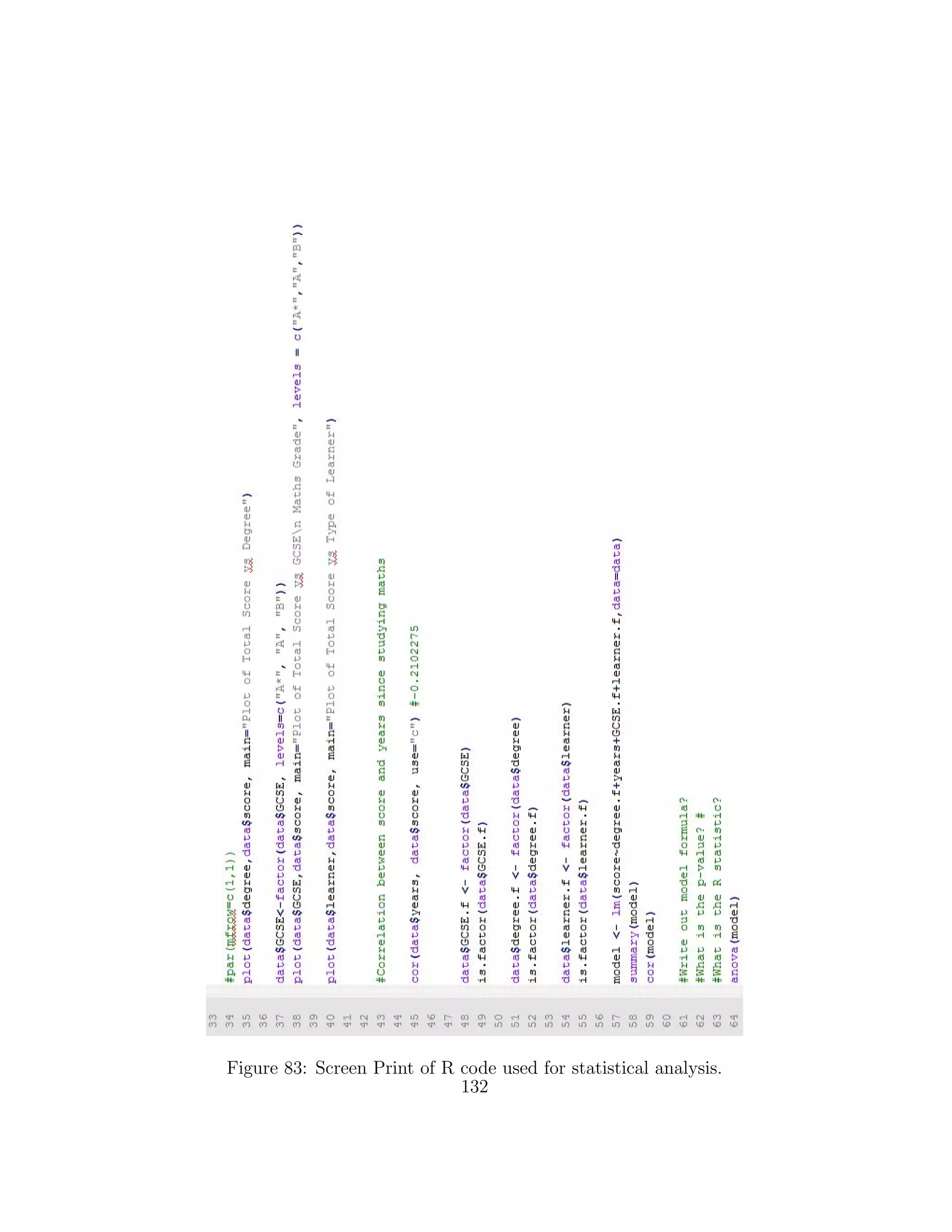 Figure 83: Screen Print of R code used for statistical analysis.
132
 