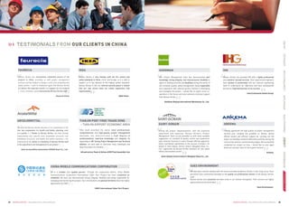 “ “
“““ “
“ ““ “
“ “
GOODMAN
Bv’s Project Management team has demonstrated well
knowledge, strong integrity, cost-consciousness, flexibility to
adjust to shifting priorities and deadlines during the works of
site schedule, quality, safety management, being responsible
and cooperative with relevant parties involved in developing
and managing the project. I would like to expect more co-
operation in the future and more extensive technical support
from Bureau Veritas.
Goodman Beijing International Warehouse Co., Ltd.
29 ·BUREAU VERITAS BUILDING  FACILITIES SERVICES ·BUREAU VERITAS BUILDING  FACILITIES SERVICES 30
TESTIMONIALS FROM OUR CLIENTS IN CHINA
TIANJIN PORT FREE TRADE ZONE
– TIANJIN AIRPORT ECONOMIC AREA
Your team provided the owner most professional,
comprehensive and high-quality project management
services. You demonstrated a high degree of
professionalism, expertise knowledge and integrity. By
depending on BV' Strong Project Management and Technical
Abilities, we were able to overcome many challenges and
keep the project on schedule.
Infrastructure Team of Airbus A320 Final Assembly Line
CHINA MOBILE COMMUNICATIONS CORPORATION
BV is a reliable and capable partner. Through the cooperative efforts, China Mobile
Communications Corporation International Cyber Port Project has been completed as
scheduled. BV team has demonstrated strong integrity, flexibility and being responsible for
managing and monitoring the project. Your contributions and good performance deserves highly
appreciation by CMCC.
CMCC International Cyber Port Project
SUEZ ENVIRONMENT
We have been entirely satisfied with the service provided by Bureau Veritas, in fact many of our local
personnel have commented favorably on the quality and professional manner of the Bureau Veritas
staff.
Bureau Veritas were proactive and have acted in our interest throughout. Their services are highly
appreciated and recommended.
Suez Environment
“ “
IKEA
Bureau Veritas is very familiar with the fire control and
safety standards in China, U.S.A. and Europe, so it is able to
support us in the delivery of the highest global standard.
Bureau Veritas is like our internal security guard to ensure
that our new stores meet our safety regulations and
requirements…
IKEA China
ARCELORMITTAL
We selected Bureau Veritas because of its combination in the
four key components like health and Safety, planning, cost,
and quality. (…) Thanks to Bureau Veritas, we have already
implemented very specific work breakdown structure, cost
breakdown structure, and health and safety measures. I am
impressed by the ability and flexibility of Bureau Veritas staff
in the adjustment and management to our project.”
Valin ArcelorMittal Automotive (VAMA) Steel Co., Ltd.
“
FAURECIA
Bureau Veritas has successfully completed several of our
projects in China, providing us with project management
services and has helped us design a strict and comprehensive
safety system. I want to emphasize again that Bureau Veritas
did deliver the expected results and support for our projects
(…) I am, moreover, quite impressed by Bureau Veritas staff.
Faurecia China
“
IHG
Bureau Veritas has provided IHG with a highly professional
and customer focused services. Their experienced engineers
have worked in partnership with our internal engineering
team to understand our objectives and have subsequently
become an important partner to our success.
InterContinental Hotels Group
SAINT-GOBAIN
During the project implementation, with the extensive
experience and expertise, Bureau Veritas's Project
Management Team on-site provided us with many valuable
suggestions on schedule  quality control and supervision
upon General Contractor's work through effective approach,
which contributed significantly to the success of project. On
behalf of Saint-Gobain Central Sekurit (Qingdao) Glass Co.,
Ltd. I appreciate all Bureau Veritas members for your great
efforts and excellent works!
Saint-Gobain Central Sekurit (Qingdao) Glass Co., Ltd.
““
ARKEMA
I deeply appreciate the high quality of project management
services your company has provided us. Bureau Veritas
offered instant and efficient support for carrying out the
project by handling technical difficulties perfectly during the
construction and pre-commissioning stages. We successfully
completed our project on time. I would like to once again
thank you and your team for the superb services.
Arkema
“
“
REFERENCES必维集团TRANSACTIONOPERATIONCONSTRUCTIONSERVICESINTROTESTIMONIALS
 