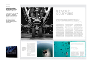 PUBLISHING
CLIENT
GTI MEDIA
Transforming Australia
The Broadband Revolution
and the Digital Economy
180pp flexicover book outlining
the benefits of the National
Broadband Network, featuring
in-depth analysis from leading
Australian industry experts
and supplemented with
real-life case studies and
specially selected corporate
stakeholders.
44 45
best digitally switched-on farmers are doing in my area.
A narrative must be locally created, locally articulated,
by community leaders in industry, government and the
community itself.
“Third, I believe every region needs a ‘digital futures
plan’. Some communities refer to this as a ‘digital
economy plan’ because, I believe, this puts all the focus
on the economy and business — where there are many
gains to be made in the community, non-government
organisations and government itself.”
One regional city that is working towards its digital
future is Kiama on the NSW south coast. The local
municipal council announced in November last year
that it was the first council on mainland Australia to be
connected to the NBN, with rollout to the majority of the
municipality expected by the end of 2012.
Sandra McCarthy, Mayor of the Council, says that the
NBN will have a significant influence in the near future
in the way that many Council staff currently operate: it
will enable IT solutions that use cloud technology, and
devices such as tablets and smart phones will allow the
mobile or out-of-the-office user to still operate as if they
are in the office sitting at their desk.
McCarthy adds that the rollout of the NBN presents
local councils with an opportunity to look at public
infrastructure uses and the needs of the community in
a new way. The project is a major change in the way
councils communicate with the Federal government and
transcends traditional boundaries and borders for a truly
regional response.
She says that the Council’s implementation plans
included a focus on strong community and media
engagement to ensure Kiama Council is proactive and
positive about the opportunities offered by the rollout of
the NBN.
It is not just the client communities that will see
benefit from the NBN. The NSW far south coast town of
Merimbula will be playing an active role in the network’s
operation.
NBN Co has chosen the town as the site of its first
satellite ground station gateway. The new facility will
transmit high-speed Internet for the NBN’s long-term
satellite service to homes, farms and businesses in re-
mote parts of Australia, including Norfolk and Christmas
Islands. The first of 10 such satellite facilities, construc-
tion at Merimbula is set to begin next year and it is
scheduled to be up and running in 2015.
The site for the ground station gateway and six satel-
lite dishes in Wolumla, approximately 15 kilometres
north-west of Merimbula, was selected following exten-
sive consultation with Bega Valley Shire Council.
Tony Allen, mayor of the Council, says that “NBN
Co’s decision to site the satellite ground station gateway
at Wolumla is a very positive thing for the Shire. We’re
now seeing the broad community benefits. There will be
opportunity for local businesses to reap the benefits of
high-speed broadband Internet and for other residents
and businesses to be drawn to the Shire, taking advan-
tage of our lifestyle over the congestion of city living.”
Bartlett adds, however, that not every community will
attract a data centre or build a significant IT industry, nor
become the “Silicon Valley of the south”.
“But, to me, that’s not what the NBN is about. It
is about creating extraordinary new ways of creating
wealth. It is about transformative new ways to have two
way conversations with our customers, constituents,
communities. And it is about solving old and wicked
public policy and community problems that have previ-
ously stumped us. All of these things are great opportu-
nities for communities to benefit from the NBN.
“Much of the gains that will be made will be at the
intersection of a region’s traditional strengths and broad-
band. If tourism is a traditional strength, the region’s
digital futures plan should of course have a focus on
that sector. However, I believe there are actually around
a dozen key areas of community life that need to be
understood and planned for in broadband/digital terms.
Things like sustainable living, community safety, small
business, open democracy, cultural and vibrant living ...
all of these areas can be enhanced and developed when
underpinned by ubiquitous high-speed broadband.”
Despite the challenges and sometimes misgivings ex-
pressed by various parties in the media and elsewhere,
Bartlett is convinced that Australia is on the right track.
“In 2010, I spoke in Washington DC at the US
Australia leadership dialogue about the NBN. They were
gobsmacked at the breadth and depth of Australia’s
NBN. Having, said that, our nearer neighbours like
Korea and Singapore are already way ahead in this area.
The NBN is necessary for us to compete.”
“IT IS ABOUT CREATING
EXTRAORDINARY NEW WAYS OF
CREATING WEALTH. IT IS ABOUT
TRANSFORMATIVE NEW WAYS TO
HAVE TWO WAY CONVERSATIONS
WITH OUR CUSTOMERS,
CONSTITUENTS, COMMUNITIES.
AND IT IS ABOUT SOLVING OLD
AND WICKED PUBLIC POLICY
AND COMMUNITY PROBLEMS
THAT HAVE PREVIOUSLY
STUMPED US.”
Tim Mendham is an experienced journalist, editor and copywriter,
with 30 years in business-to-business publications. He has written
extensively on IT, technology, R&D, business finance and marketing
issues. During his career he has edited a number of publications,
including Lab News, a technical journal for the R&D community;
CFO, Australia’s leading publication for senior finance executives;
Fast Thinking, a quarterly publication devoted to innovation issues;
and most recently CIO, Australia’s leading magazine for senior
IT management. 2 3
The initial 20-year period of growth up until the mid-
1980s largely concentrated on domestic tourism which,
in 2012, still accounts for nearly three quarters of the
estimated $95 billion tourism revenue. However, for
more than 25 years, inbound tourism has been the main
driver of growth.
The tourism market – inbound and domestic –
generates almost $100 billion in revenue, contributes
$35 billion to Australia’s GDP, and employs over
500,000 individuals. It also caters for over six million
inbound tourists and over 70 million visitor nights.
It is Australia’s fourth most profitable industry, our
largest export service industry and one that will rival
mining industry exports within the next 20 years. And
what will contribute to this dramatic increase in inbound
tourism is fast broadband and advanced software.
Tourism operators will increasingly use online and
Internet technologies to connect their customers with
an operator. Consumers will also have more options to
research, plan or buy a tourism product or service.
The greatest surge in inbound tourism for Australia
will come from its Asian neighbours.
Asia, made up of the Asia Pacific and the Indian sub-
Continent, already accounts for two thirds of Australia’s
inbound tourists. It is expected that this share of the
market will increase to at least 80 percent by 2020.
Tourism is also an important factor in international
relations and the burgeoning economies of China and
India with its new found wealth is eyeing off Australia
as a new travel destination. While populous and fast
growing economies such as South Korea will help to
drive Australia’s inbound tourism, China will become our
primary market in the future (see Inbound Tourists by
Origin chart).
Boeing’s forecast in 2011 that there could be over
110 million outbound tourists from China represents a
major opportunity for Australian tourism. The question
is: ‘how many of these tourists can Australian tourist
operators capture?’ Capitalising on this opportunity by
adopting the NBN and delivering more sophisticated
techniques and a richer multimedia experience for
potential travellers will be the major attractor.
If Boeing’s forecast was not realised until some five
years further on, Australia would have added over 11
billion individuals to its current total tourist intake of six
billion in 2011 plus the growth in other existing and
new sources of inbound tourists.
As more tourists use the Internet to source
information, smart tourist operators will be using the
NBN technology to target countries such as China and
India, particularly as they represent two of the world’s
largest and fastest growing economies.
The tourism industry in Australia is segmented into
a number of disparate industries that revolve around
A new Age
in tourism
Australia’s tourism market is a relatively new age industry
that has grown significantly from the end of the Industrial
Age in the mid-1960s into the current Infotronics Age that is
expected to last until the late 2040s, writes Phil Ruthven*.
108 109
As a large land mass with a small population at the
bottom of the world Australians have often been
obsessed with conquering distance. Australia may be
the world’s smallest continent, but it is a continent
that is the whole nation — or in the famous phrase, “a
continent for a nation and a nation for a continent”.
Australia is also the world’s largest island with vast
distances to travel within and beyond our shores. It is this
obsession with distance that has made Australians think
so much about transport and infrastructure. Shipping lines
and freight rates matter so much not just to exporters and
importers but to the whole Australian nation; the advance
of air travel really benefited Australia. For example, the large
747 jumbo jets caused a revolution for our tourism industry
and immigration and, there are constant debates in public
policy about new roads and rail links not to mention the
chatter about a second airport in Sydney.
Australia’s obsession with distance was intellectually
brought to the fore of our national psyche when the famous
economic historian Professor Geoffrey Blainey wrote his
ground breaking book The Tyranny of Distance in 1966.
Blainey covered the length of time it took ships to bring
supplies to the early convict colonies of NSW and Van
Diemen’s Land (Tasmania), the importance of whaling in
the early days of the Australian economy, how we moved
the whole clip around the world, the impact of transport
from Cobb and Co horse and cart around the gold fields
and, sailing in the 1850s to the introduction of the
passenger liner, the steam train and the motor car in later
years, even before the dawn of aviation.
When Geoffrey Blainey reflected on his seminal work,
he opined:
“Sometimes I think people take the phrase further
than it should have been taken and certainly than the
book intended. My book is essentially about people
and commodities, and for them the cost of distance
has actually been high. But for ideas the freight has
often been cheap. In the history of this land, ideas have
usually leaped with relative ease across the ocean and
even across inland.”
As Blainey notes, the capacity of Australia to engage
in the world of ideas has been cheap relative to the cost
of transporting physical goods across the globe. But even
in the world of communications, we have seen mini-
revolutions that have helped Australians engage with the
world of commerce and the whole global community.
And trade and investment has been an integral part of
the different waves of development in communications
that has brought the world closer to Australia and in turn
Australia closer to the world.
In the first wave, back in the nineteenth century,
Siemens helped open up the outback by providing the
technology and infrastructure to allow the Adelaide
to Darwin telegraph to be completed thereby linking
Australia with London and therefore, the world.
In the second wave, in the twentieth century, we saw
the advance of short wave radio, television, and other
advances to accompany the great leaps in transport
infrastructure so familiar to us all. Further advances were
made in satellite technology which accelerated the pace
of communications further.
In the third wave, as the twentieth century gave way
to a new century and a new millennium, the information
age and the introduction of the Internet, e-commerce
and digital technologies allowed a whole new generation
of exporters — particularly those in rural and regional
Australia — to engage in the global market place. For
example, Mary Nenke, a Yabbie grower in Kukerin in the
Western Australia wheat belt, set up a website to sell her
produce to Perth and ended up getting orders from Hong
Kong, Singapore and the United States and ‘accidentally’
became exporter of the year. And she was not alone.
According to Austrade/ABS research at the time, 50
percent of all exporters were ‘accidental’ as the advance
of ecommerce made it possible to market to the world.
The world
is our yabbie
Australia is on a new wave of innovation, according to
Tim Harcourt, one that will enable us to conquer our
tyranny of distance and make us more competitive globally.
 