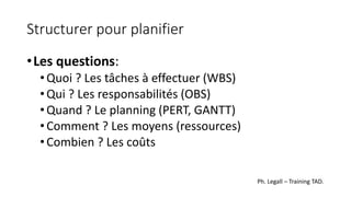 Structurer pour planifier
•Les questions:
•Quoi ? Les tâches à effectuer (WBS)
•Qui ? Les responsabilités (OBS)
•Quand ? Le planning (PERT, GANTT)
•Comment ? Les moyens (ressources)
•Combien ? Les coûts
Ph. Legall – Training TAD.
 