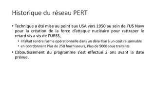 Historique du réseau PERT
• Technique a été mise au point aux USA vers 1950 au sein de l’US Navy
pour la création de la force d’attaque nucléaire pour rattraper le
retard vis a vis de l’URSS,
• il fallait rendre l’arme opérationnelle dans un délai fixe à un coût raisonnable
• en coordonnant Plus de 250 fournisseurs, Plus de 9000 sous traitants
• L’aboutissement du programme s’est effectué 2 ans avant la date
prévue.
 