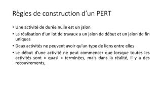 Règles de construction d’un PERT
• Une activité de durée nulle est un jalon
• La réalisation d’un lot de travaux a un jalon de début et un jalon de fin
uniques
• Deux activités ne peuvent avoir qu’un type de liens entre elles
• Le début d’une activité ne peut commencer que lorsque toutes les
activités sont « quasi » terminées, mais dans la réalité, il y a des
recouvrements,
 