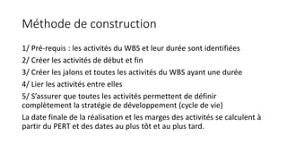 Méthode de construction
1/ Pré-requis : les activités du WBS et leur durée sont identifiées
2/ Créer les activités de début et fin
3/ Créer les jalons et toutes les activités du WBS ayant une durée
4/ Lier les activités entre elles
5/ S’assurer que toutes les activités permettent de définir
complètement la stratégie de développement (cycle de vie)
La date finale de la réalisation et les marges des activités se calculent à
partir du PERT et des dates au plus tôt et au plus tard.
 