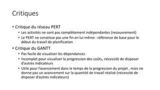 Critiques
• Critique du réseau PERT
• Les activités ne sont pas complètement indépendantes (recouvrement)
• Le PERT ne constitue pas une fin en lui même : référence de base pour le
début du travail de planification
• Critique du GANTT
• Pas facile de visualiser les dépendances
• Incomplet pour visualiser la progression des coûts, nécessité de disposer
d’autres indicateurs
• Utile pour l’avancement dans le temps de la progression du projet , mais ne
donne pas un avancement sur la quantité de travail réalisé (nécessité de
disposer d’autres indicateurs)
 