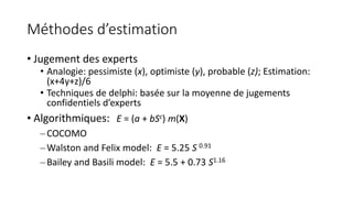 Méthodes d’estimation
• Jugement des experts
• Analogie: pessimiste (x), optimiste (y), probable (z); Estimation:
(x+4y+z)/6
• Techniques de delphi: basée sur la moyenne de jugements
confidentiels d’experts
• Algorithmiques: E = (a + bSc) m(X)
–COCOMO
–Walston and Felix model: E = 5.25 S 0.91
–Bailey and Basili model: E = 5.5 + 0.73 S1.16
 