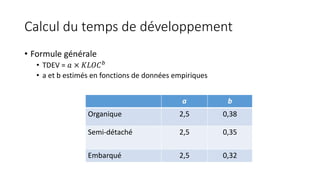 Calcul du temps de développement
• Formule générale
• TDEV = 𝑎 × 𝐾𝐿𝑂𝐶 𝑏
• a et b estimés en fonctions de données empiriques
a b
Organique 2,5 0,38
Semi-détaché 2,5 0,35
Embarqué 2,5 0,32
 