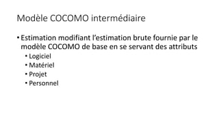 Modèle COCOMO intermédiaire
• Estimation modifiant l’estimation brute fournie par le
modèle COCOMO de base en se servant des attributs
• Logiciel
• Matériel
• Projet
• Personnel
 