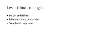 Les attributs du logiciel
• Besoin en fiabilité
• Taille de la base de données
• Complexité du produit
 