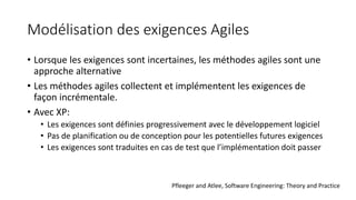 Modélisation des exigences Agiles
• Lorsque les exigences sont incertaines, les méthodes agiles sont une
approche alternative
• Les méthodes agiles collectent et implémentent les exigences de
façon incrémentale.
• Avec XP:
• Les exigences sont définies progressivement avec le développement logiciel
• Pas de planification ou de conception pour les potentielles futures exigences
• Les exigences sont traduites en cas de test que l’implémentation doit passer
Pfleeger and Atlee, Software Engineering: Theory and Practice
 