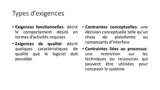 Types d’exigences
• Exigences fonctionnelles: décrit
le comportement désiré en
termes d’activités requises
• Exigences de qualité: décrit
quelques caractéristiques de
qualité que le logiciel doit
posséder
• Contraintes conceptuelles: une
décision conceptuelle telle qu’un
choix de plateforme ou
composants d’interface
• Contraintes liées au processus:
une restriction sur les
techniques ou ressources qui
peuvent être utilisées pour
concevoir le système
 