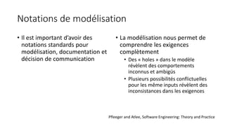 Notations de modélisation
• Il est important d’avoir des
notations standards pour
modélisation, documentation et
décision de communication
• La modélisation nous permet de
comprendre les exigences
complètement
• Des « holes » dans le modèle
révèlent des comportements
inconnus et ambigüs
• Plusieurs possibilités conflictuelles
pour les même inputs révèlent des
inconsistances dans les exigences
Pfleeger and Atlee, Software Engineering: Theory and Practice
 