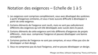 Notation des exigences – Echelle de 1 à 5
1. Les exigences sont comprises complètement, vous avez développé des systèmes
à partir d’exigences similaires, et vous n’avez aucune difficulté à développer à
partir de cette exigence.
2. Certains éléments de l’exigence sont neufs, mais ne sont pas radicalement
différents des exigences qui ont été développés avec succès dans le passé.
3. Certains éléments de cette exigence sont très différents d’exigences de projets
différents , mais vous comprenez l’exigence et pouvez développer une bonne
conception.
4. Certaines parties de l’exigence ne sont pas comprises, et vous n’êtes pas sûrs de
développer un bon design.
5. Vous ne comprenez pas du tout l’exigence, and ne pouvez développer un design.
Pfleeger and Atlee, Software Engineering: Theory and Practice
 