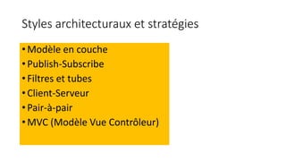 Styles architecturaux et stratégies
• Modèle en couche
• Publish-Subscribe
• Filtres et tubes
• Client-Serveur
• Pair-à-pair
• MVC (Modèle Vue Contrôleur)
 